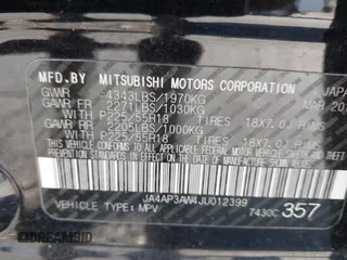 2018 Mitsubishi Outlander SE with VIN JA4AP3AW4JU012399, listed as a IAAI auction lot 42591534 with 152,809 mi miles and . Bid and sale history available at DreamBid. Image 9.