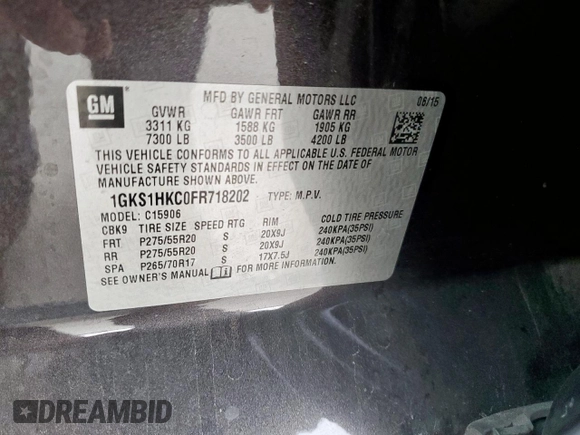 2015 GMC Yukon XL SLT with VIN 1GKS1HKC0FR718202, listed as a Copart auction lot 46185405 with 113,862 mi miles and Salvage Title. Bid and sale history available at carsss.com. Image 14.