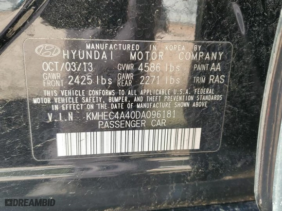 2013 Hyundai Sonata Hybrid with VIN KMHEC4A40DA096181, listed as a Copart auction lot 52573015 with 141,864 mi miles and Salvage Title. Bid and sale history available at carsss.com. Image 14.