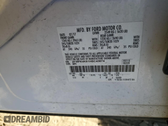 2017 Ford Edge Titanium with VIN 2FMPK4K81HBC43874, listed as a Copart auction lot 47468535 with 91,585 mi miles and Salvage Title. Bid and sale history available at carsss.com. Image 13.