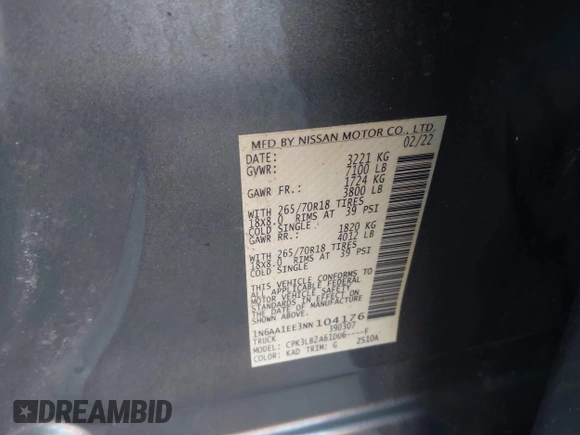 2022 Nissan Titan SV with VIN 1N6AA1EE3NN104176, listed as a IAAI auction lot 41159789 with 53,991 mi miles and . Bid and sale history available at DreamBid. Image 9.