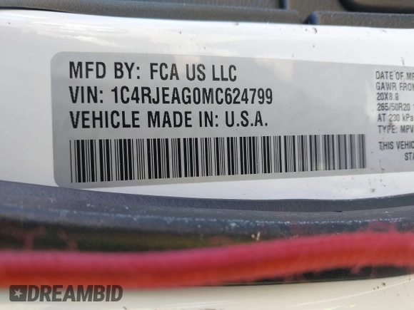 2021 Jeep Grand Cherokee Laredo X with VIN 1C4RJEAG0MC624799, listed as a IAAI auction lot 41409742 with 39,727 mi miles and . Bid and sale history available at DreamBid. Image 9.
