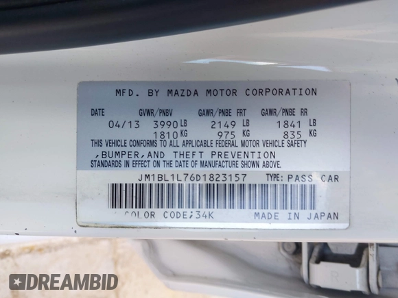 2013 Mazda 3 i Touring with VIN JM1BL1L76D1823157, listed as a IAAI auction lot 42488593 with 166,793 mi miles and . Bid and sale history available at DreamBid. Image 9.