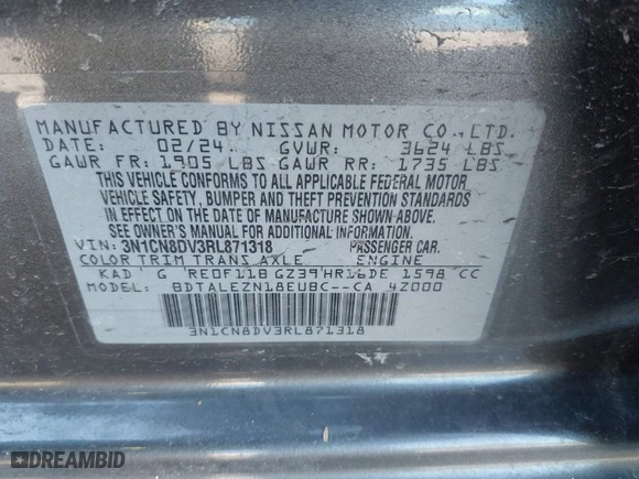 2024 Nissan Versa S with VIN 3N1CN8DV3RL871318, listed as a IAAI auction lot 41639806 with NaN miles. Bid and sale history available at carsss.com. Image 9.