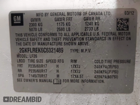 2012 GMC Terrain SLE-1 with VIN 2GKFLREK6C6321489, listed as a IAAI auction lot 41251061 with 192,141 mi miles. Bid and sale history available at carsss.com. Image 9.