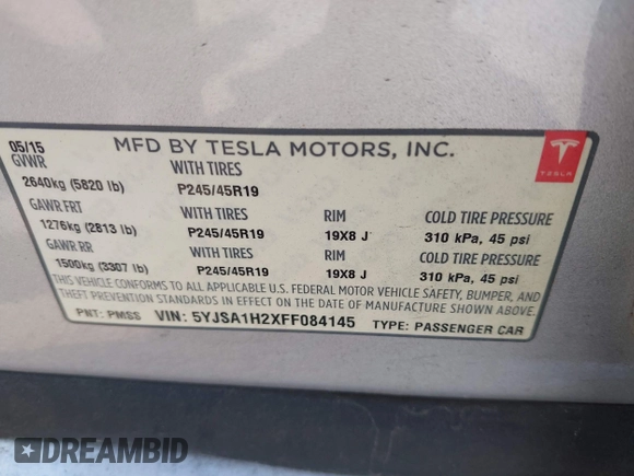 2015 Tesla Model S 85D with VIN 5YJSA1H2XFF084145, listed as a IAAI auction lot 42101755 with 105,660 mi miles. Bid and sale history available at carsss.com. Image 9.