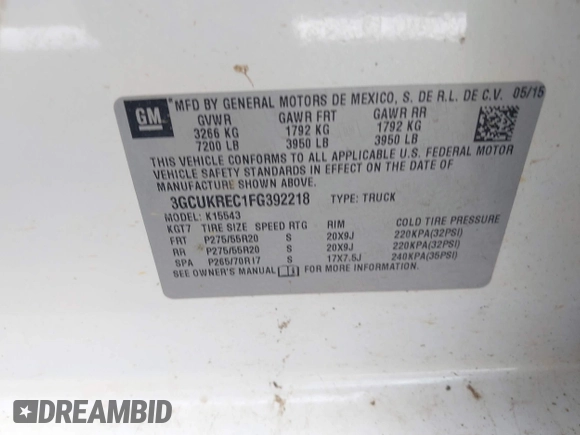 2015 Chevrolet Silverado 1500 LT with VIN 3GCUKREC1FG392218, listed as a IAAI auction lot 42094309 with 140,915 mi miles and . Bid and sale history available at DreamBid. Image 9.