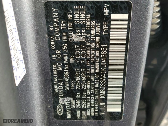 2019 Hyundai Tucson Value with VIN KM8J33A41KU043851, listed as a Copart auction lot 48885175 with 78,428 mi miles and Salvage Title. Bid and sale history available at carsss.com. Image 15.