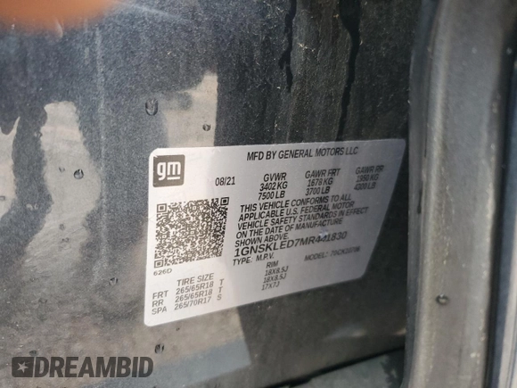 2021 Chevrolet Tahoe Commercial with VIN 1GNSKLED7MR441830, listed as a Copart auction lot 51984955 with Not provided miles and Salvage title. Bid and sale history available at DreamBid. Image 13.
