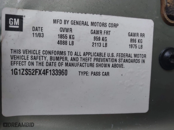 2004 Chevrolet Malibu with VIN 1G1ZS52FX4F133960, listed as a IAAI auction lot 41294240 with 98,182 mi miles. Bid and sale history available at carsss.com. Image 9.