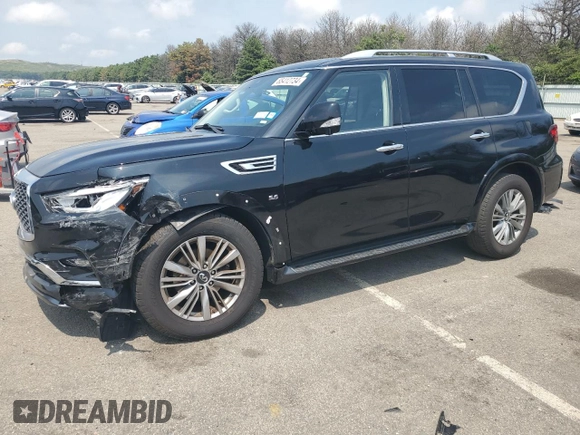 2020 Infiniti QX80 LUXE with VIN JN8AZ2NE5L9253877, listed as a Copart auction lot 65412734 with 53,987 mi miles and Salvage Title. Bid and sale history available at carsss.com. Image 1.