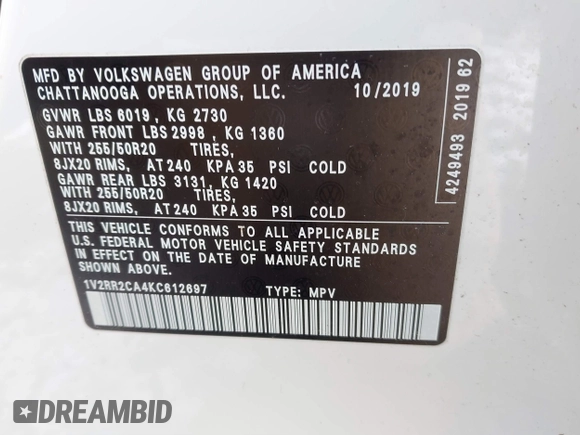 2019 Volkswagen Atlas SEL R-Line with VIN 1V2RR2CA4KC612697, listed as a IAAI auction lot 41618930 with 25,476 mi miles and . Bid and sale history available at DreamBid. Image 9.