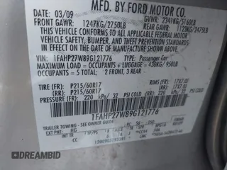 2009 Ford Taurus SEL with VIN 1FAHP27W89G121776, listed as a IAAI auction lot 40854998 with 150,022 mi miles. Bid and sale history available at carsss.com. Image 9.