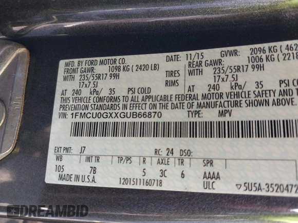 2016 Ford Escape SE with VIN 1FMCU0GXXGUB66870, listed as a IAAI auction lot 42219454 with 116,158 mi miles and . Bid and sale history available at carsss.com. Image 9.
