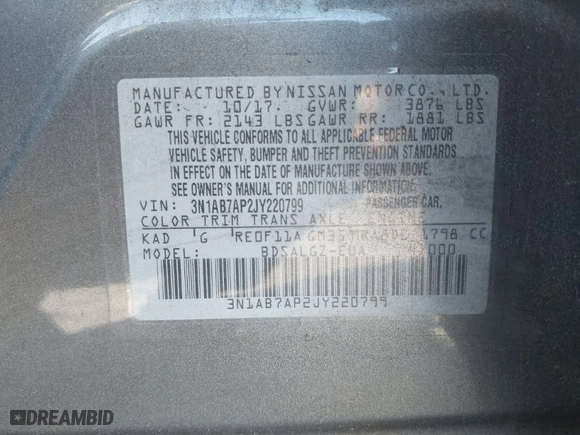2018 Nissan Sentra SV with VIN 3N1AB7AP2JY220799, listed as a IAAI auction lot 41419931 with 102,690 mi miles. Bid and sale history available at carsss.com. Image 9.