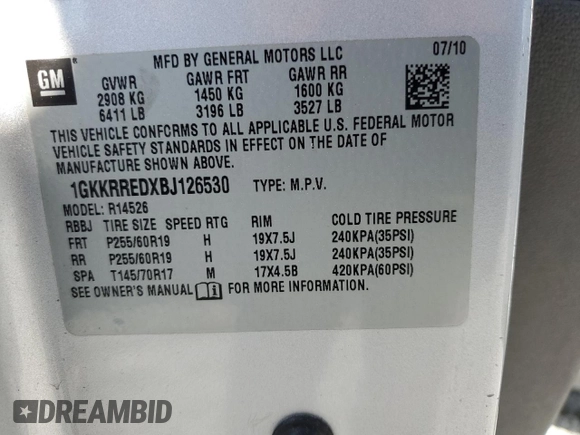 2011 GMC Acadia SLT1 with VIN 1GKKRREDXBJ126530, listed as a Copart auction lot 50134405 with 148,077 mi miles and Salvage Title. Bid and sale history available at carsss.com. Image 13.