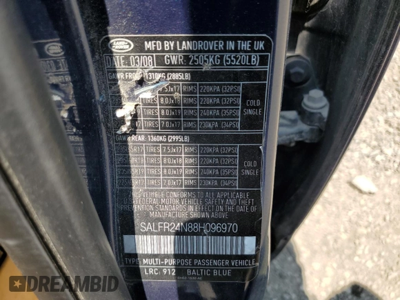 2008 Land Rover LR2 HSE with VIN SALFR24N88H096970, listed as a Copart auction lot 58971545 with 214,444 mi miles and Salvage title. Bid and sale history available at DreamBid. Image 13.