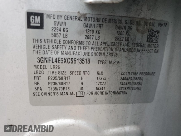 2012 Chevrolet Captiva Sport LTZ with VIN 3GNFL4E5XCS613518, listed as a Copart auction lot 72451374 with 198,534 mi miles and Salvage Title. Bid and sale history available at DreamBid. Image 13.