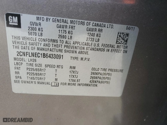 2011 Chevrolet Equinox LT w/2LT with VIN 2CNFLNEC1B6433091, listed as a Copart auction lot 88819055 with 101,918 mi miles and Clean Title. Bid and sale history available at carsss.com. Image 14.