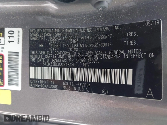 2018 Toyota Sienna LE Auto Access Seat with VIN 5TDKZ3DC8JS948150, listed as a IAAI auction lot 41889062 with 73,724 mi miles and . Bid and sale history available at DreamBid. Image 9.