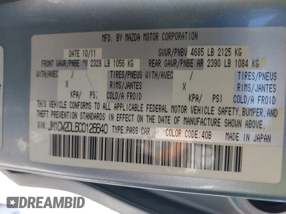 2012 Mazda 5 Grand Touring with VIN JM1CW2DL6C0126640, listed as a IAAI auction lot 42076722 with 124,412 mi miles and . Bid and sale history available at DreamBid. Image 9.