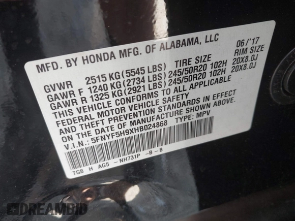 2017 Honda Pilot Touring с VIN 5FNYF5H9XHB024868, выставлен на аукционе IAAI как лот 42300608 с пробегом 133 018 миль миль и . История ставок и продаж доступна на DreamBid. Изображение 9.