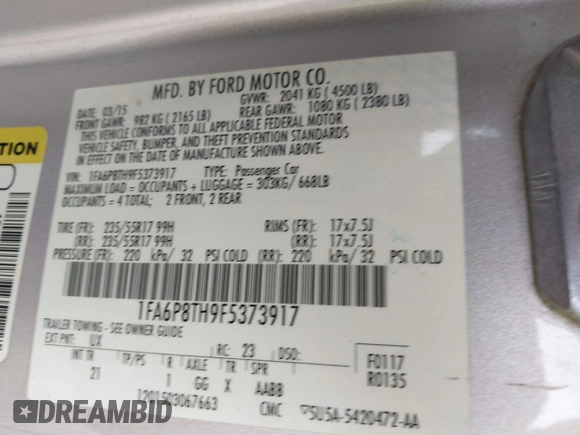 2015 Ford Mustang EcoBoost with VIN 1FA6P8TH9F5373917, listed as a IAAI auction lot 41932118 with 70,541 mi miles and . Bid and sale history available at carsss.com. Image 9.