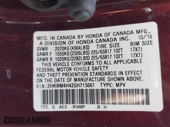 2016 Honda CR-V SE with VIN 2HKRM4H42GH715661, listed as a IAAI auction lot 42077889 with 77,402 mi miles and . Bid and sale history available at carsss.com. Image 9.