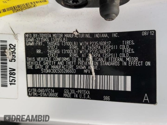 2013 Toyota Sienna LE AAS with VIN 5TDKK3DC5DS286603, listed as a Copart auction lot 56873665 with 195,600 mi miles and Non repairable. Bid and sale history available at DreamBid. Image 13.
