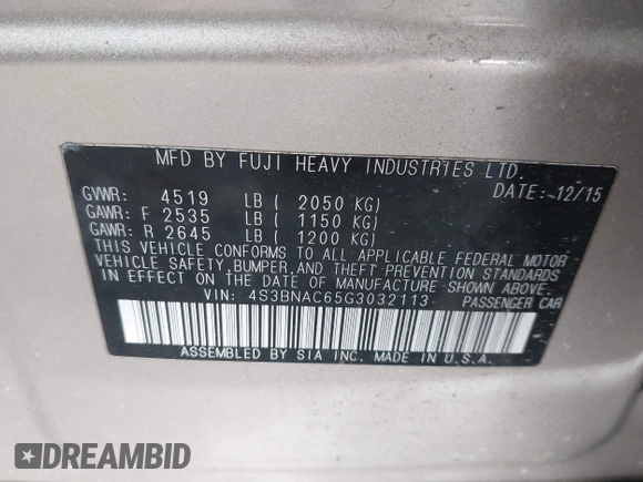 2016 Subaru Legacy Premium с VIN 4S3BNAC65G3032113, выставлен на аукционе IAAI как лот 42673362 с пробегом 179 546 миль миль и . История ставок и продаж доступна на DreamBid. Изображение 9.