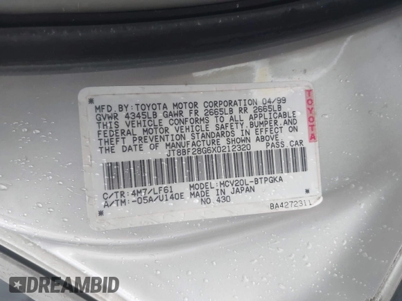 1999 Lexus ES 300 с VIN JT8BF28G6X0212320, выставлен на аукционе IAAI как лот 42366044 с пробегом 121 474 миль миль и . История ставок и продаж доступна на DreamBid. Изображение 9.