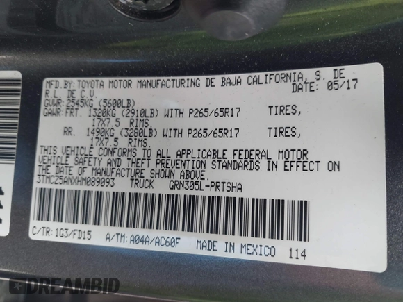2017 Toyota Tacoma SR5 with VIN 3TMCZ5ANXHM089093, listed as a IAAI auction lot 42513711 with 86,022 mi miles and . Bid and sale history available at DreamBid. Image 9.