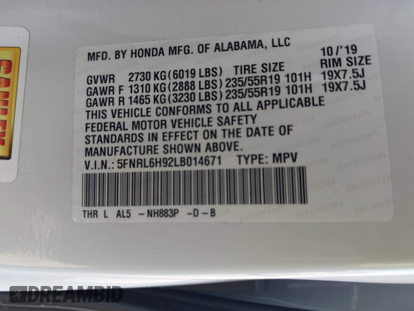 2020 Honda Odyssey Elite with VIN 5FNRL6H92LB014671, listed as a IAAI auction lot 42110389 with 104,180 mi miles and . Bid and sale history available at DreamBid. Image 9.