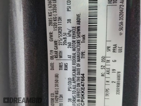 2019 Ford F-150 XL with VIN 1FTEW1CP0KKE47664, listed as a Copart auction lot 54575555 with Not provided miles and Clean title. Bid and sale history available at DreamBid. Image 12.