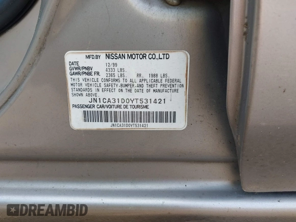 2000 Nissan Maxima GXE z VIN JN1CA31D0YT531421, wystawiony jako IAAI lot #42197398 z przebiegiem Nie podano mil oraz . Historia ofert i sprzedaży dostępna na DreamBid. Obrazek 9.