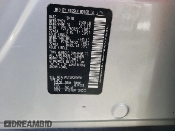 2011 Infiniti QX56 7-passenger with VIN JN8AZ2NEXB9002920, listed as a Copart auction lot 50844654 with 189,495 mi miles and Salvage Title. Bid and sale history available at carsss.com. Image 13.
