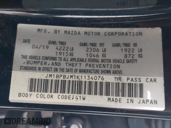 2019 Mazda Mazda3 Hatchback with VIN JM1BPBJM1K1134076, listed as a IAAI auction lot 41643876 with 69,641 mi miles. Bid and sale history available at carsss.com. Image 9.