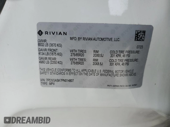 2023 Rivian R1S Adventure with VIN 7PDSGABA7PN014807, listed as a Copart auction lot 53907365 with 0 mi miles and Salvage Title. Bid and sale history available at carsss.com. Image 13.