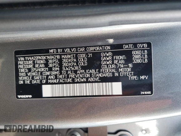 2019 Volvo XC90 Momentum with VIN YV4A22PK6K1484218, listed as a Copart auction lot 85004154 with 40,395 mi miles and Salvage Title. Bid and sale history available at carsss.com. Image 14.