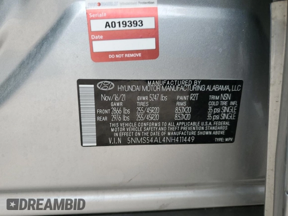 2022 Hyundai Santa Fe Calligraphy with VIN 5NMS54AL4NH411449, listed as a Copart auction lot 68026772 with 21,615 mi miles. Bid and sale history available at carsss.com. Image 14.