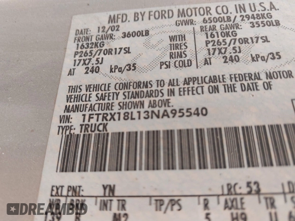 2003 Ford F-150 XL with VIN 1FTRX18L13NA95540, listed as a IAAI auction lot 41879632 with 1 mi miles. Bid and sale history available at carsss.com. Image 9.