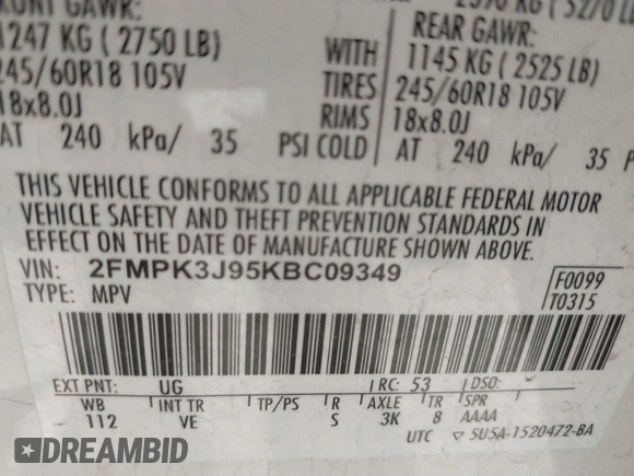 2019 Ford Edge SEL with VIN 2FMPK3J95KBC09349, listed as a IAAI auction lot 41653331 with 63,312 mi miles. Bid and sale history available at carsss.com. Image 9.