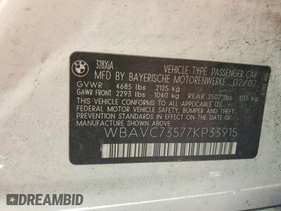 2007 BMW 3 Series 328xi with VIN WBAVC73577KP33915, listed as a Copart auction lot 53818485 with Not provided miles and Salvage title. Bid and sale history available at DreamBid. Image 12.