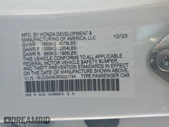2024 Acura Integra w/A-Spec Technology Package with VIN 19UDE4H63RA021744, listed as a Copart auction lot 74802314 with 6,667 mi miles and Salvage Title. Bid and sale history available at carsss.com. Image 12.