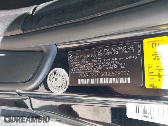 2011 BMW 3 Series 335i with VIN WBADX7C56BE579057, listed as a IAAI auction lot 42295405 with 107,160 mi miles and . Bid and sale history available at DreamBid. Image 9.