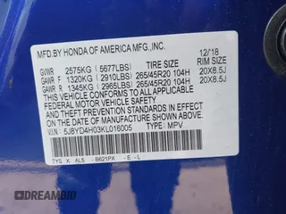 2019 Acura MDX Technology with VIN 5J8YD4H03KL016005, listed as a IAAI auction lot 41913564 with 75,408 mi miles and . Bid and sale history available at DreamBid. Image 9.