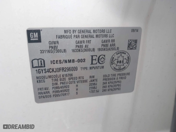 2015 Cadillac Escalade Premium with VIN 1GYS4CKJ0FR296009, listed as a IAAI auction lot 41168793 with 176,073 mi miles. Bid and sale history available at carsss.com. Image 9.
