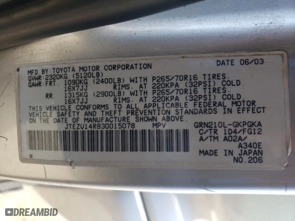 2003 Toyota 4Runner SR5 with VIN JTEZU14R830015078, listed as a Copart auction lot 46315715 with 232,459 mi miles and Salvage Title. Bid and sale history available at carsss.com. Image 14.