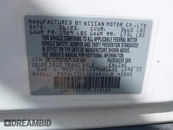 2023 Nissan Kicks SV with VIN 3N1CP5CV5PL548184, listed as a IAAI auction lot 42052583 with 43,214 mi miles and . Bid and sale history available at DreamBid. Image 9.