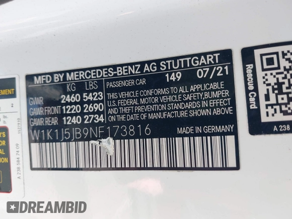 2022 Mercedes-Benz E 450 with VIN W1K1J5JB9NF173816, listed as a IAAI auction lot 42394337 with 34,251 mi miles and . Bid and sale history available at DreamBid. Image 9.
